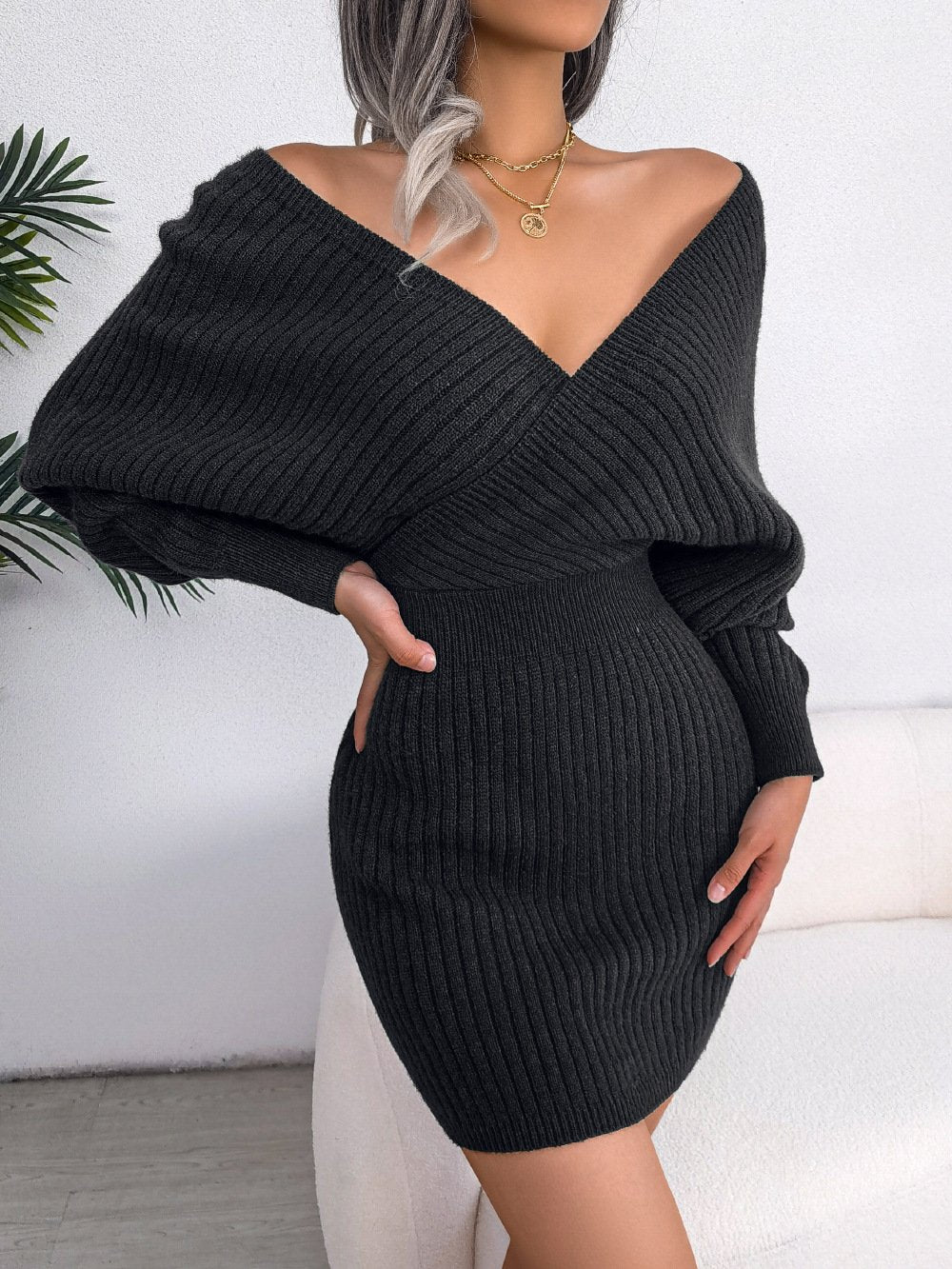 Women's Bodycon Knit Sweater Dress Sexy Wrap V Neck Bag Hip Dress