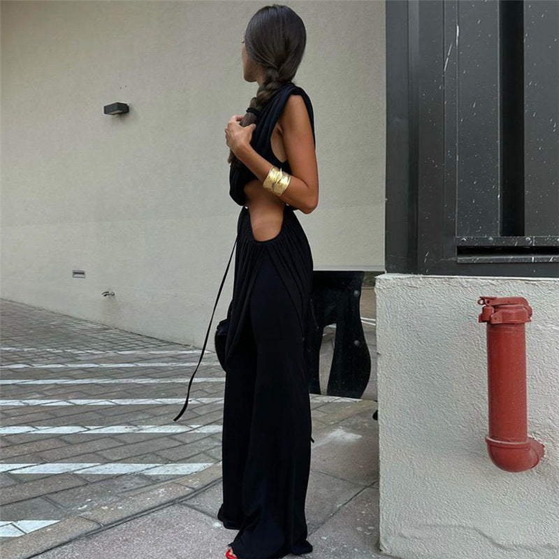 Pleated round neck T-shirt solid color irregular flared trousers suit