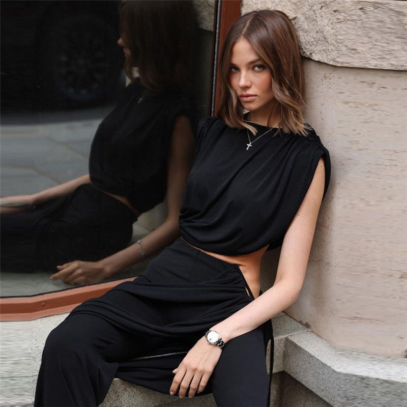 Pleated round neck T-shirt solid color irregular flared trousers suit