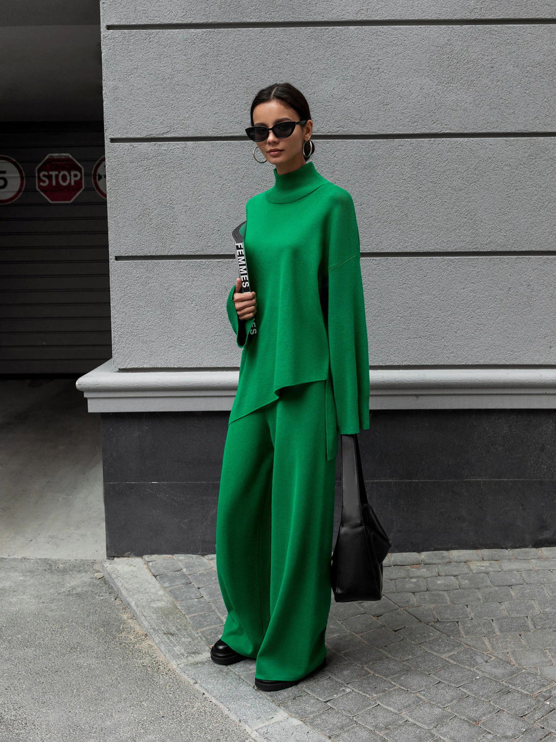 Irregular bevel sweater + knitted wide-leg pants two-piece set