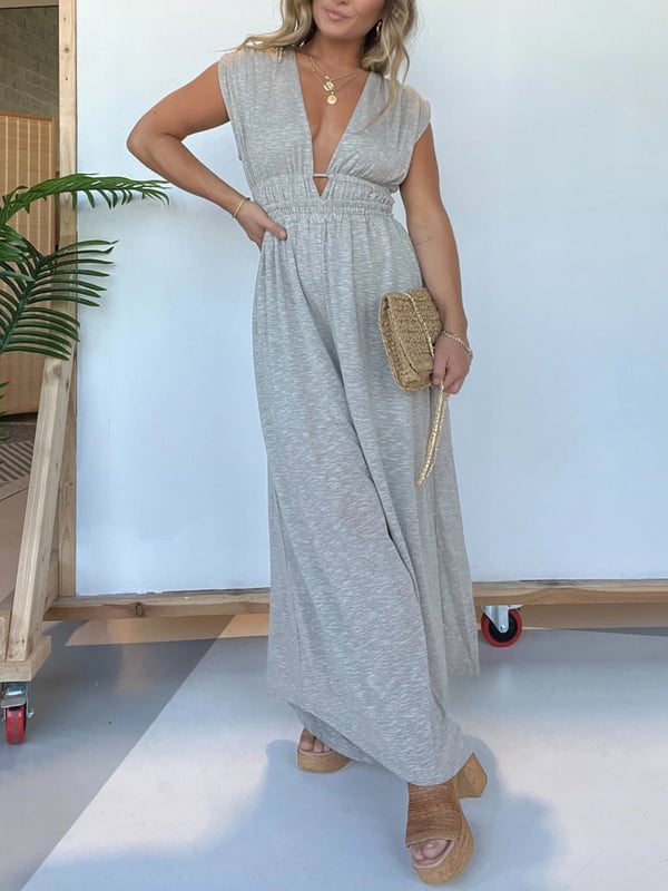 2024 New Deep V-Hi Lo Hem Jumpsuit with Pockets