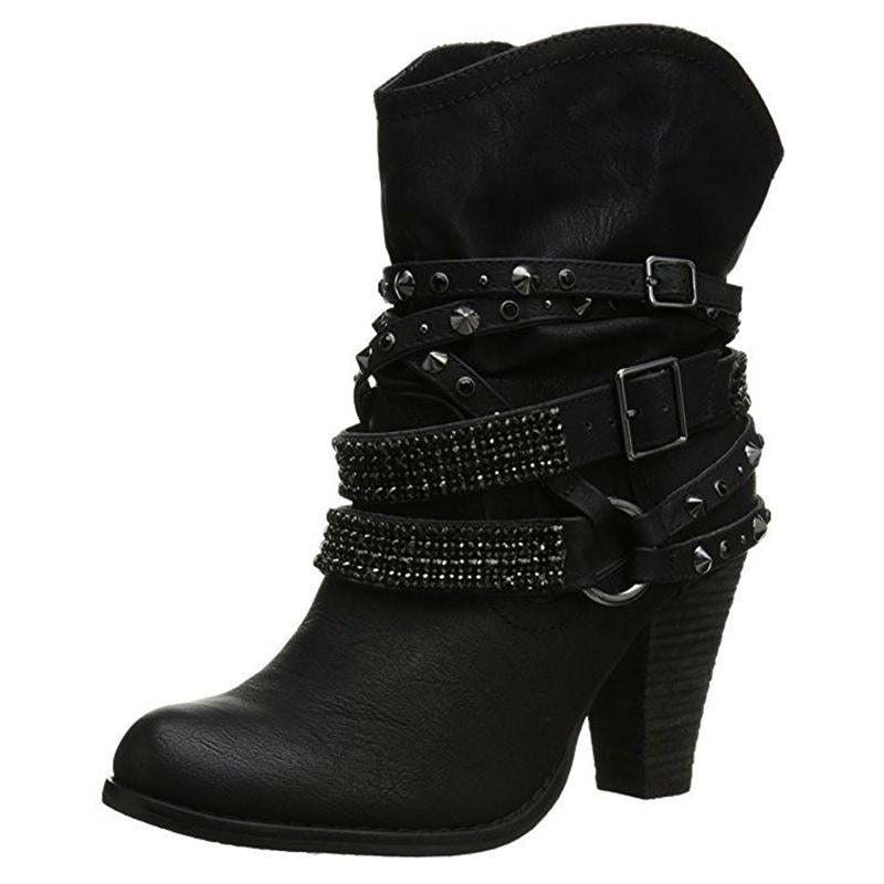 Women Fashion Short Rhinestone Booties Studded Strap Buckle Round Toe Stacked Chunky Heeled Boots