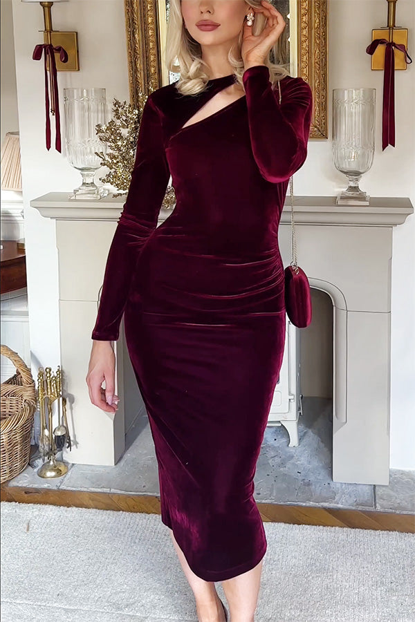 Perfect Party Velvet Cut Out Detail Long Sleeve Ruched Stretch Midi Dress