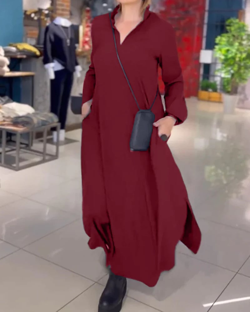 Casual Solid Color V-Neck Long Sleeve Dress