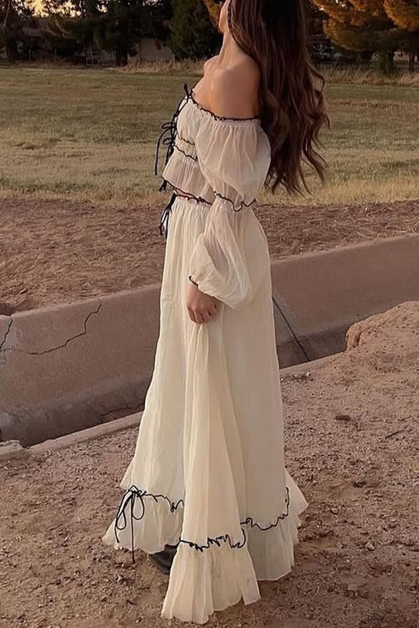 Off Shoulder Pleated Tie Top and Maxi Skirt Set