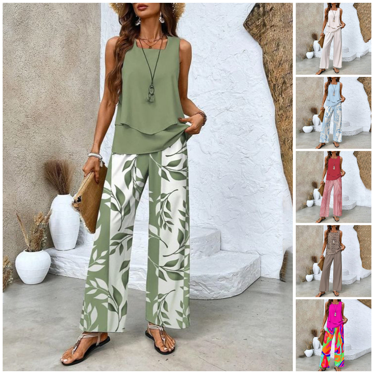 Women’s Trendy Print 2 Piece Outfits Sleeveless Top & Pants