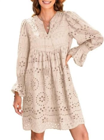 Neckline Long Sleeve A-Line Hollow Lace Pleated Dress