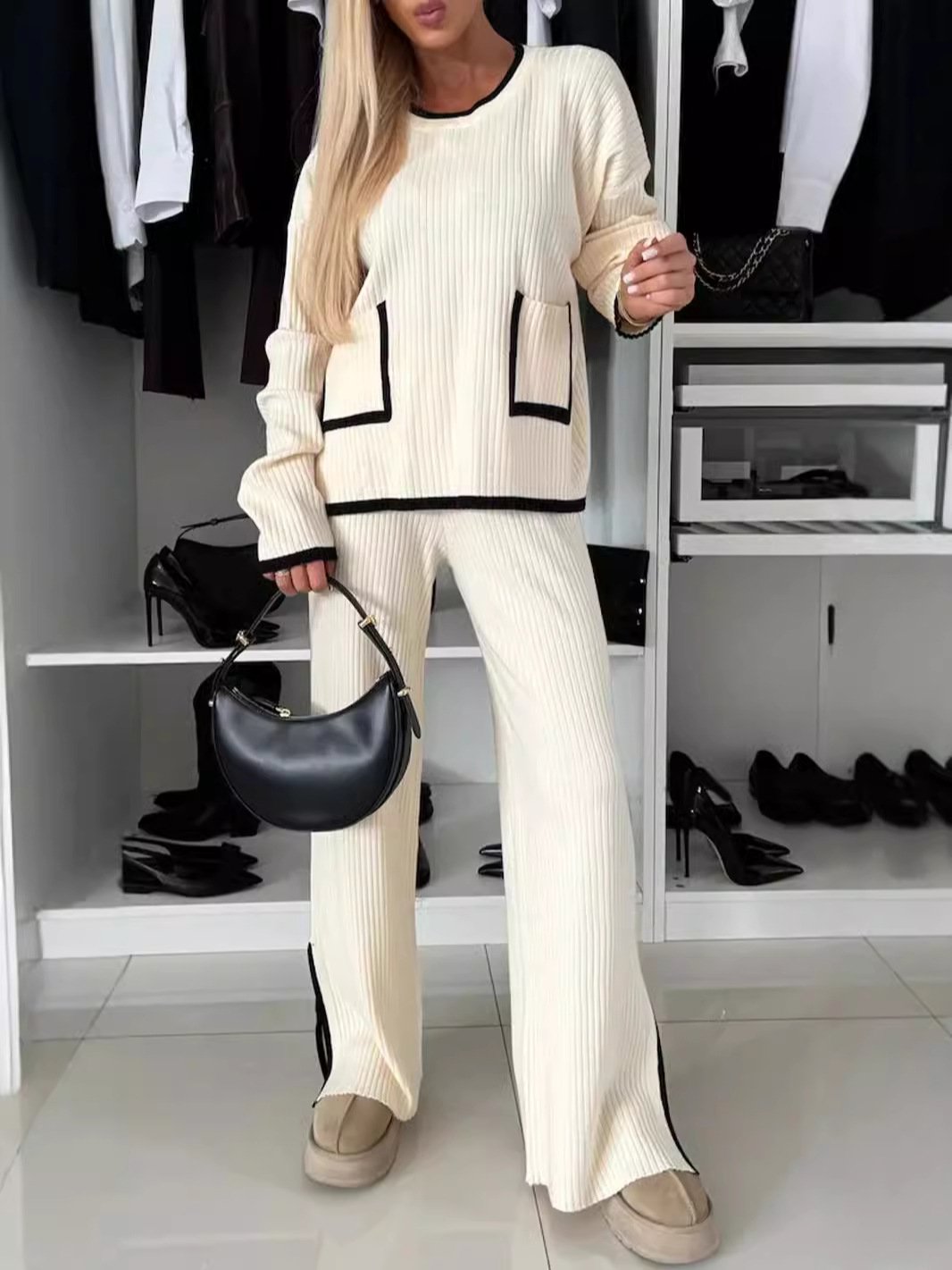 Contrast Round Neck Long Sleeve Knitted Casual Suit