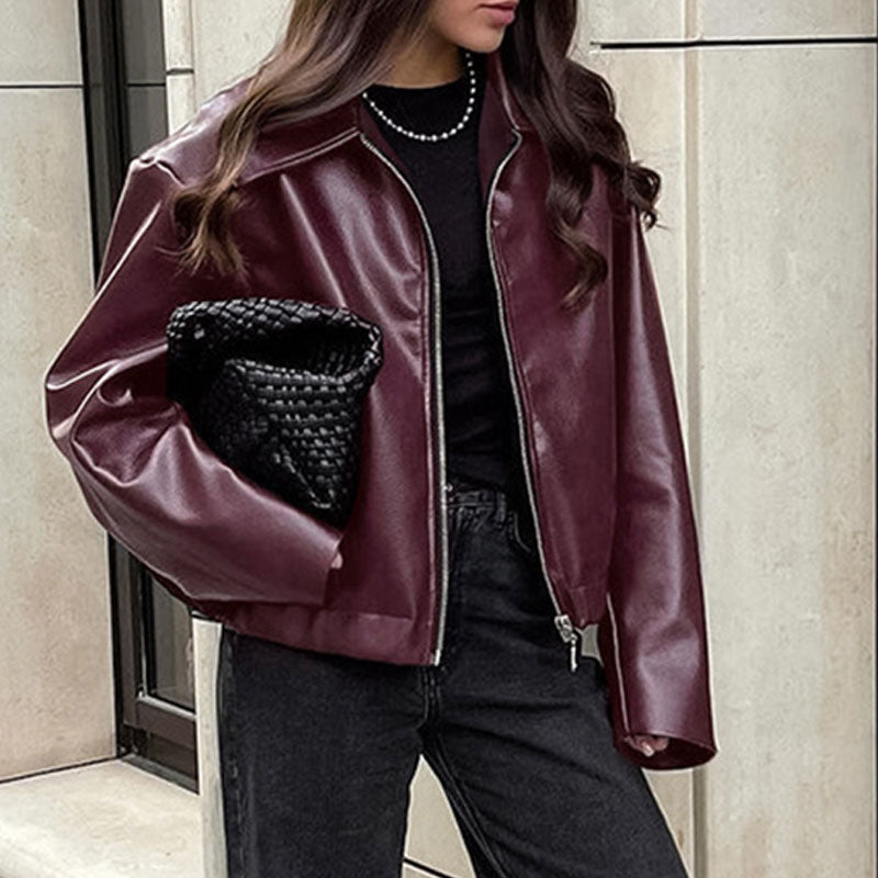 Stylish Lapel Leather Biker Jacket