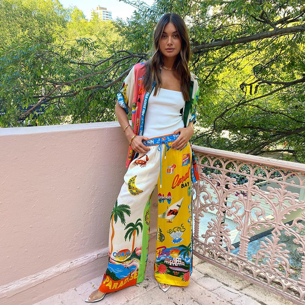 Satin Unique Print Colorblock Shirt & Elastic Waist Pocketed Wide Leg Pants Set