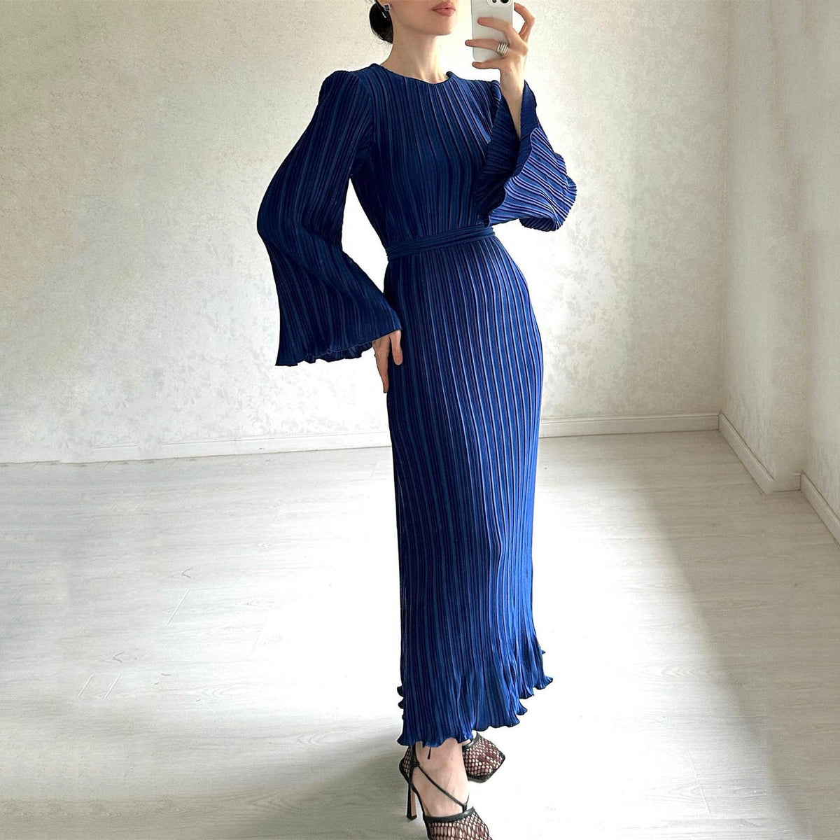 Pleated Bell Sleeve Maxi Dress