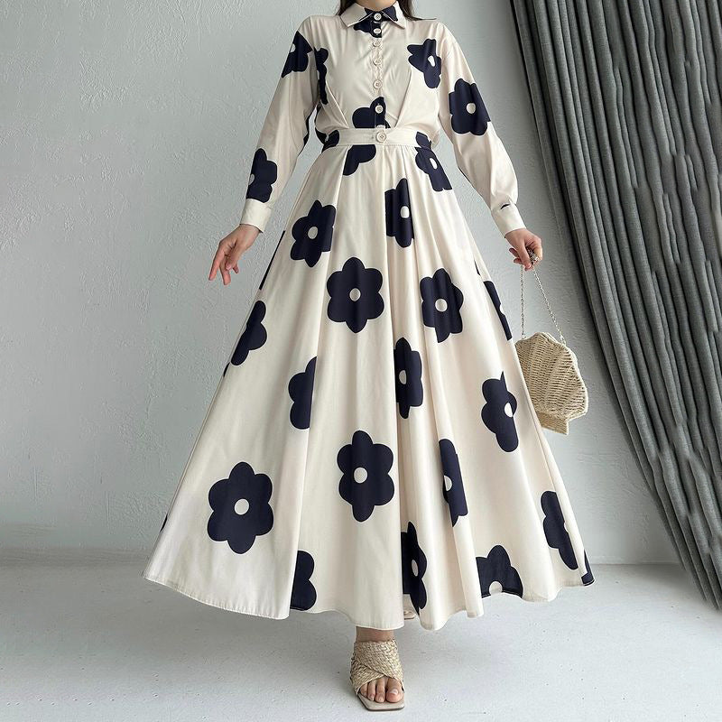 Stylish Elegant Lapel Print Shirt & Skirt Set