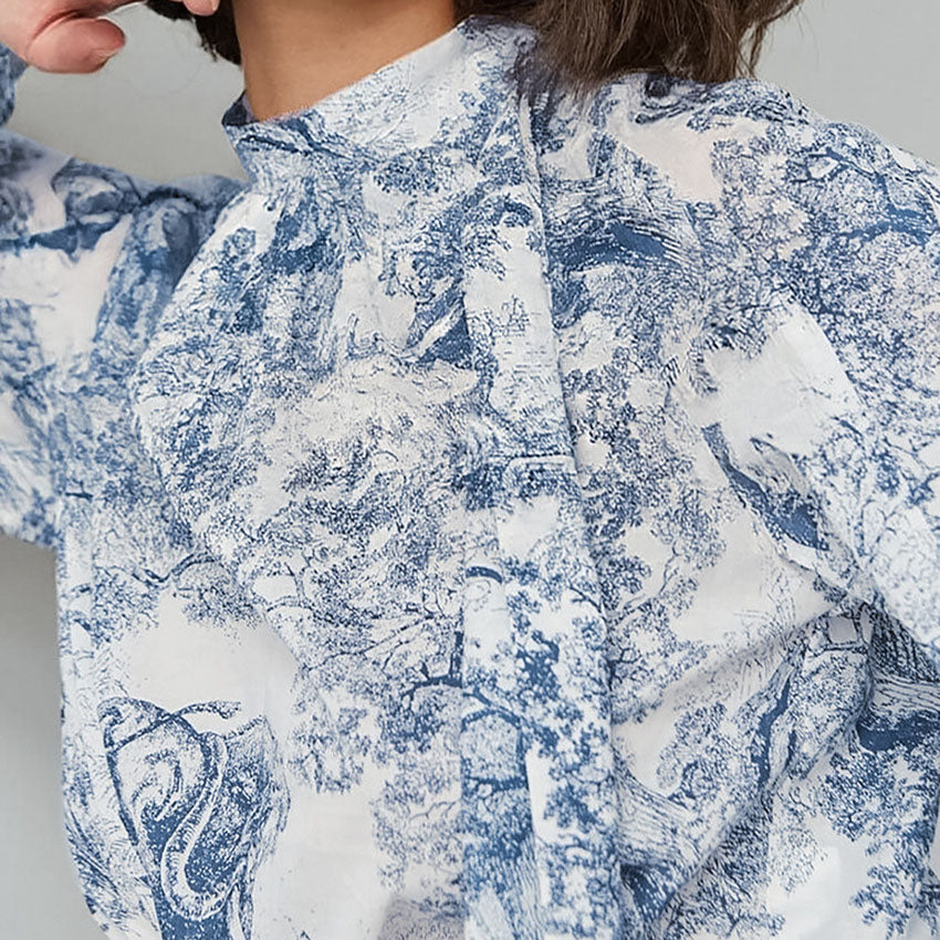 Loose Lantern Sleeve Printed Lace-up Shirt