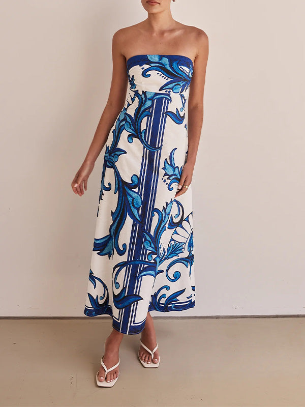 Stylish Strapless Print Halter Dress