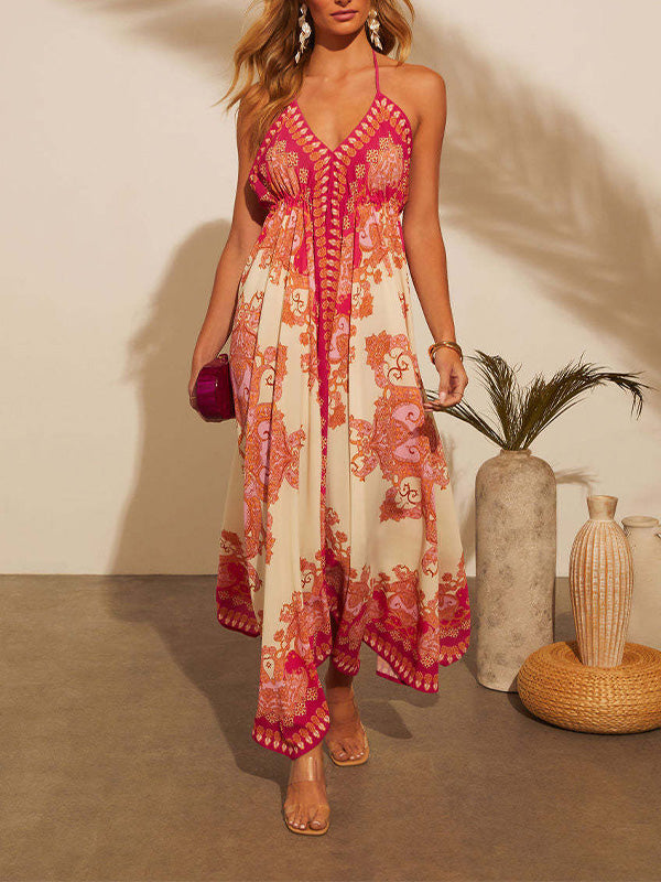 Off-the-shoulder V-neck Halter Print Dress