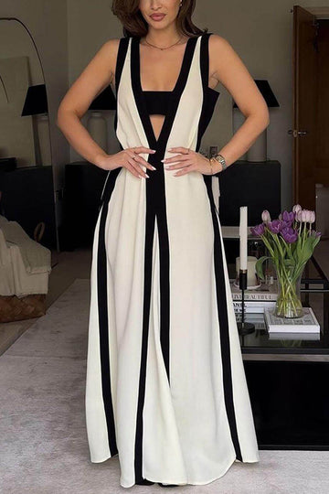 Elegant Reversible Style Colorblock A-Line Maxi Dress