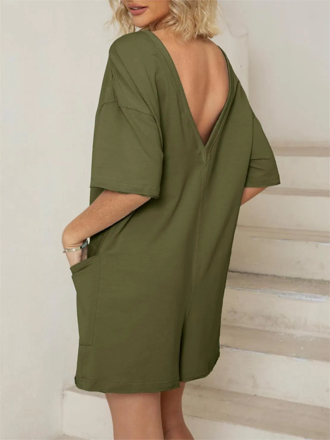 Back V Neck Half Sleeve Jumpsuit