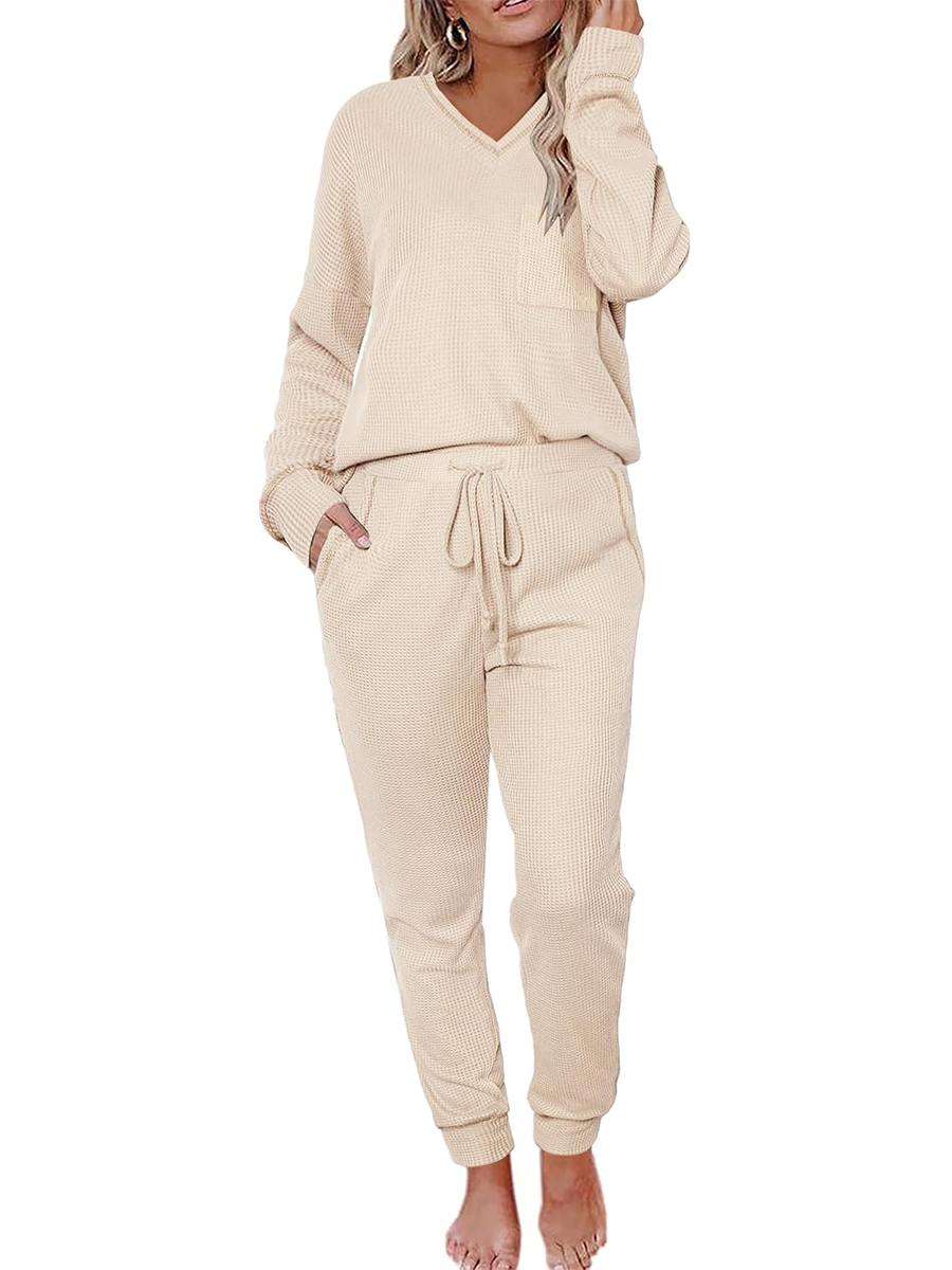 V Neck Waffle Knit Sleepwear Top and Pant Lounge Sets