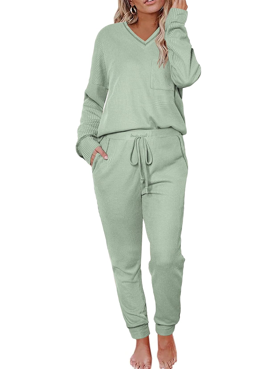 V Neck Waffle Knit Sleepwear Top and Pant Lounge Sets