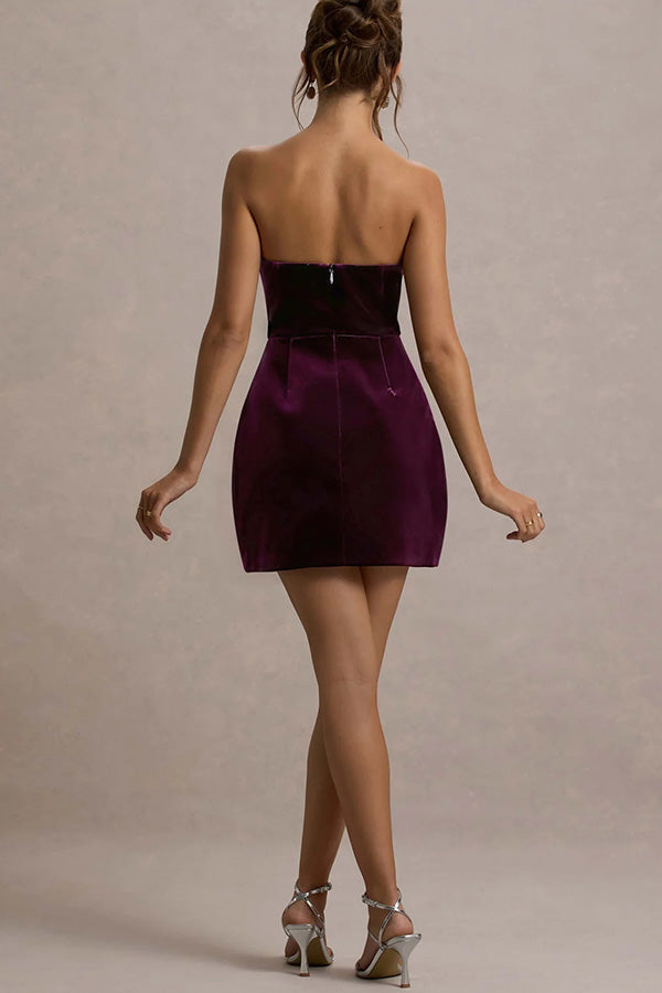 Elegant Velvet Jewel Embellished Trim Bandeau Mini Dress