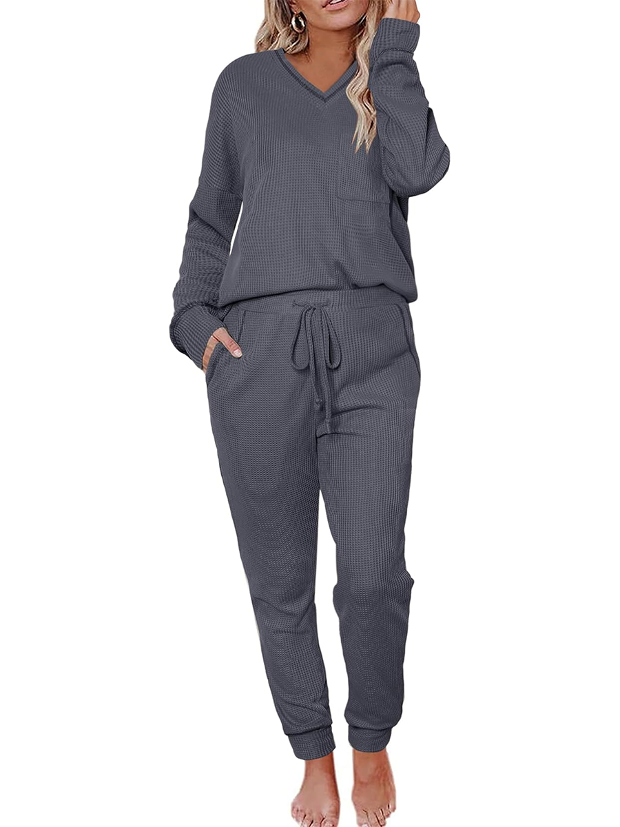 V Neck Waffle Knit Sleepwear Top and Pant Lounge Sets