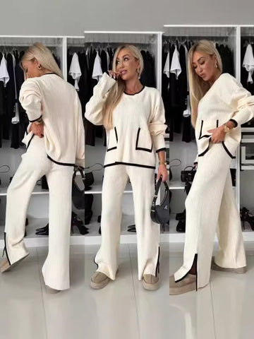 Contrast Round Neck Long Sleeve Knitted Casual Suit