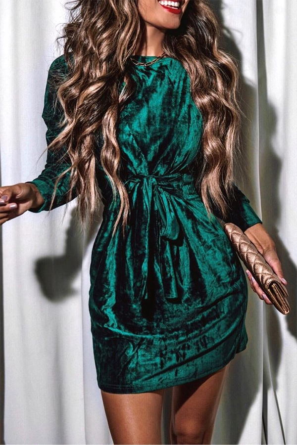 Tie Waist Velvet Round Neck Long Sleeve Mini Dress