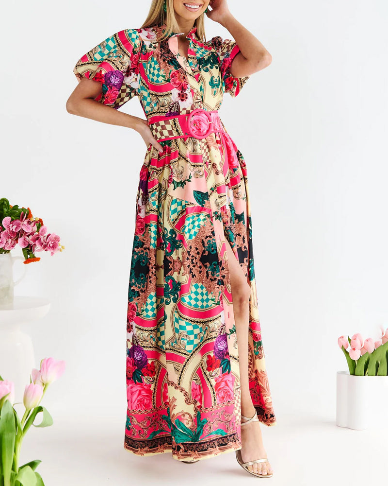 Elegant Lapel Printed Belt Dress