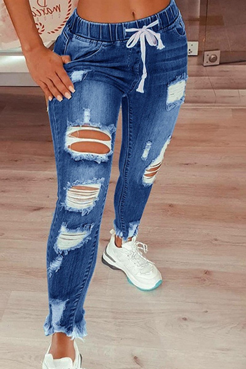 Fashion Casual Solid Ripped Mid Waist Regular Jeans