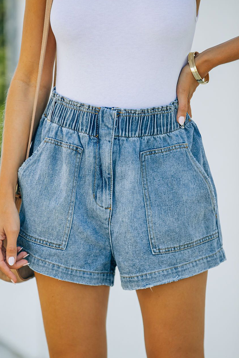 Street Solid Split Joint Pocket Straight Denim Shorts