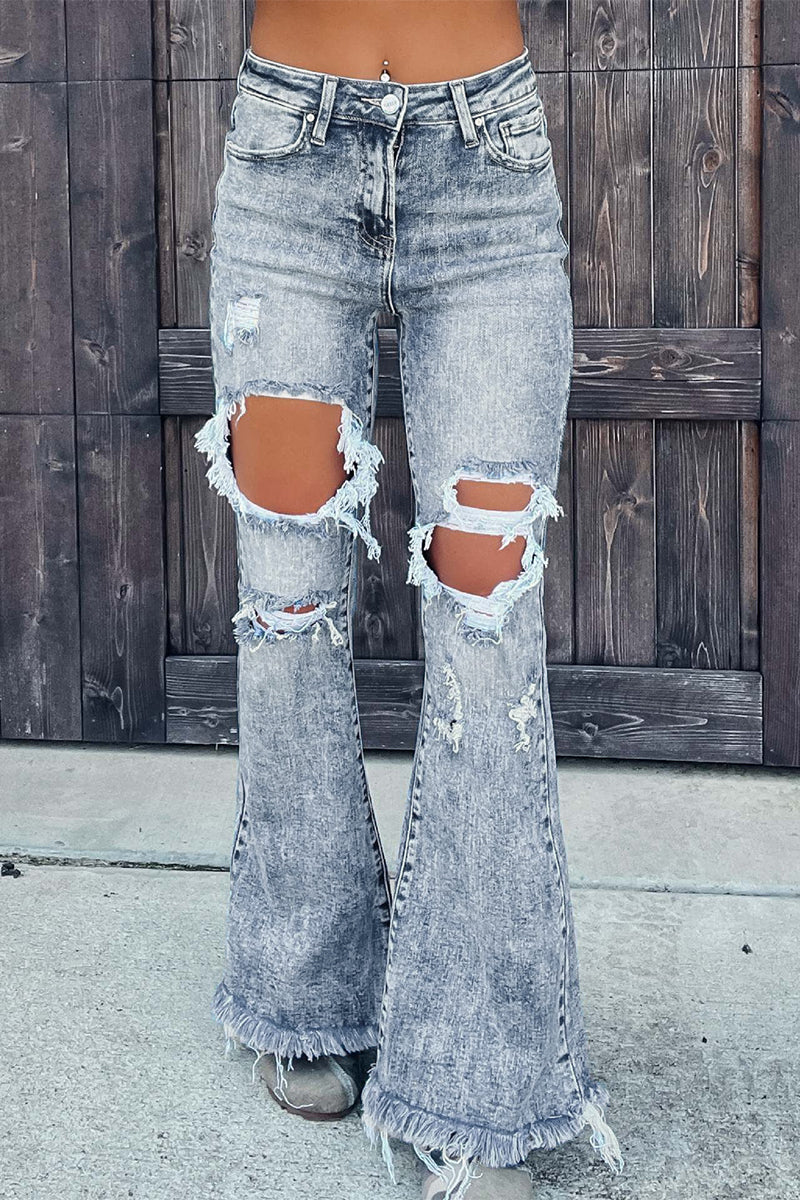 Street Solid Ripped Pocket Straight Denim Jeans