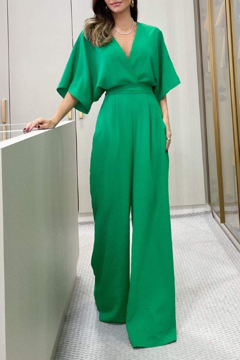 Elegant Solid Frenulum Backless V Neck Loose Jumpsuits