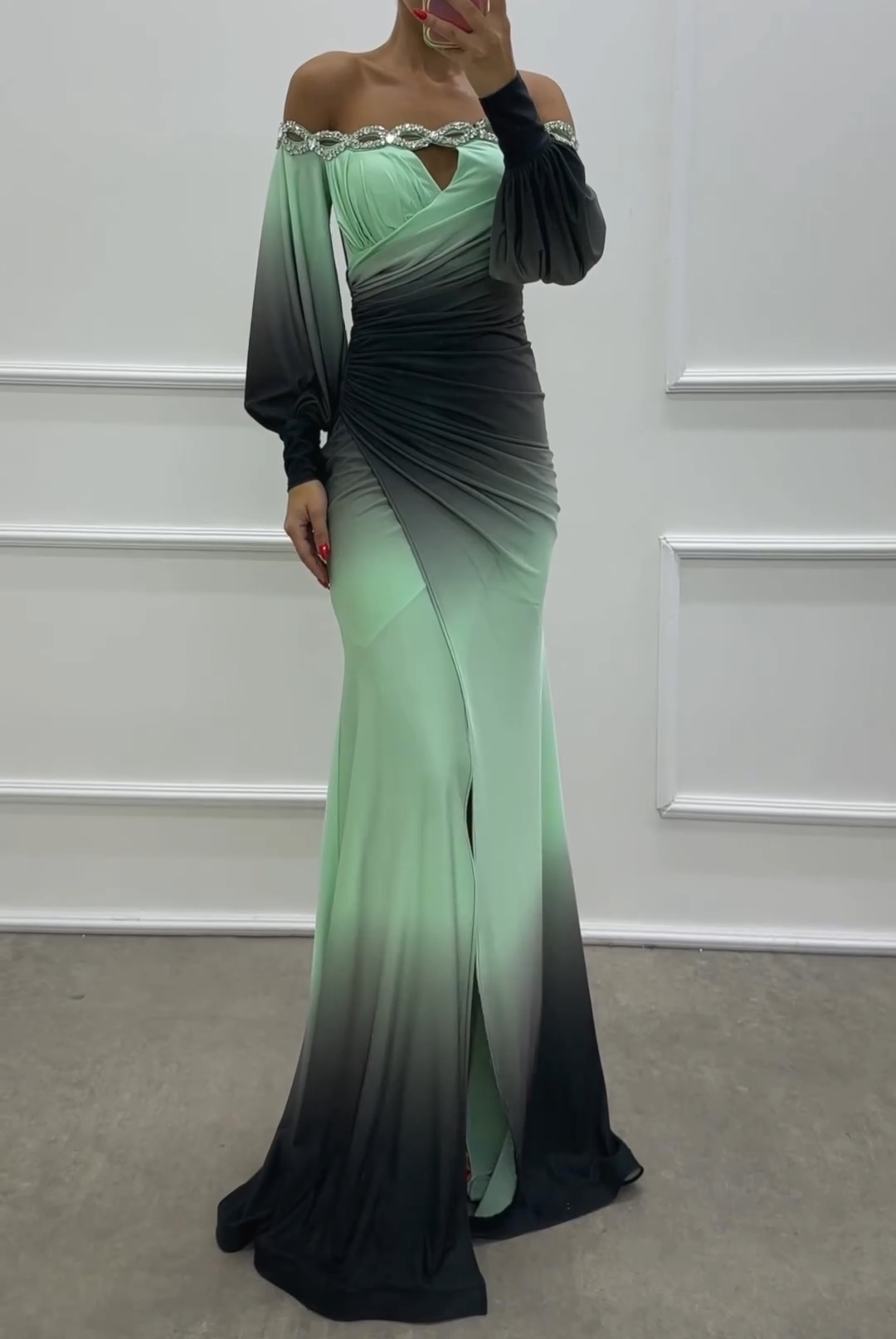 One-shoulder Gradient Waist-slit Dress