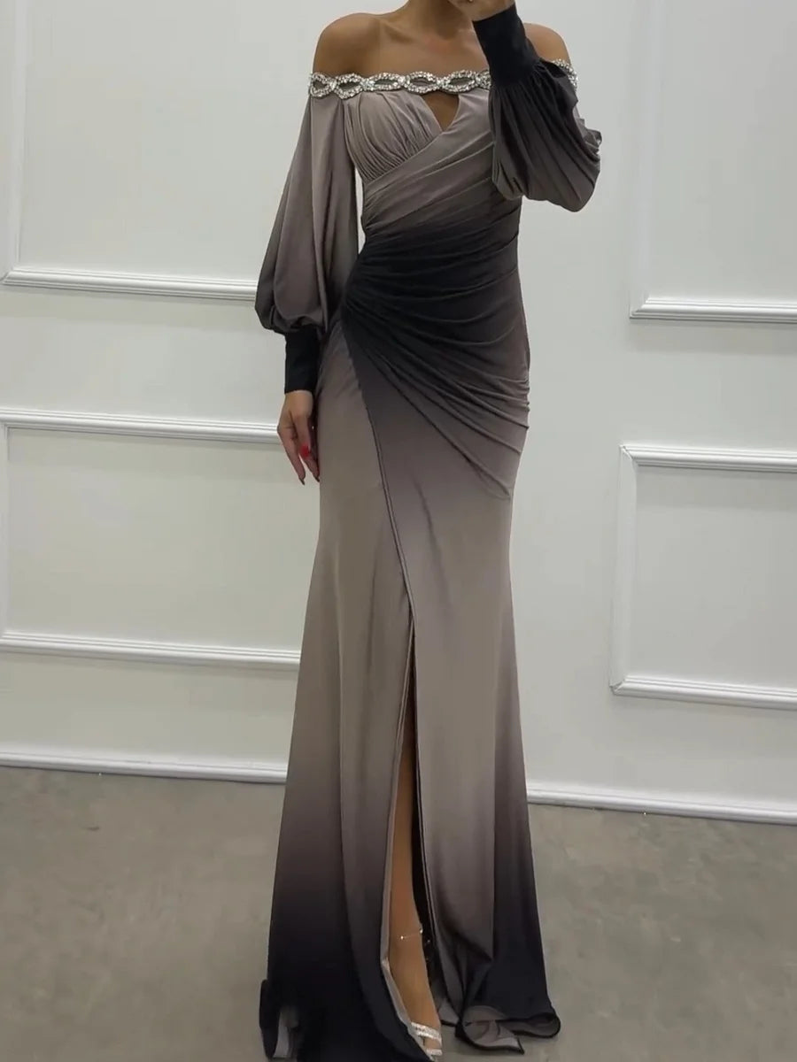 One-shoulder Gradient Waist-slit Dress