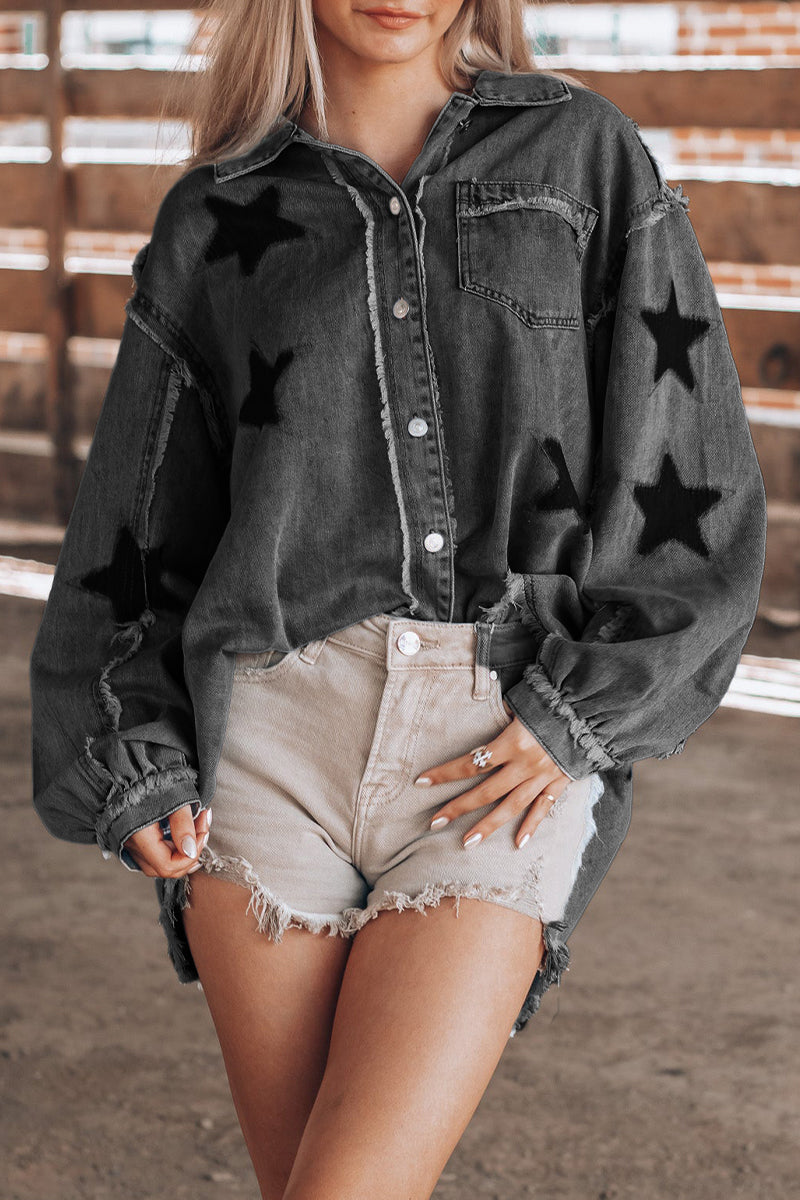 Casual Street The stars Distressed Patchwork Turndown Collar Long Sleeve Loose Denim Jacket