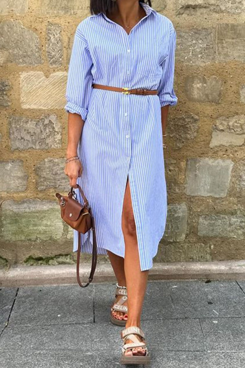 Casual Striped Print Buttons Slit Turndown Collar Shirt Dresses (Without Belt)