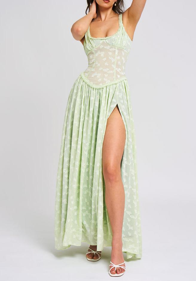 Light Green Jacquard Textured High Slit Maxi Dress