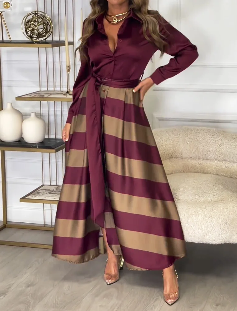 Silk Elegant Striped Shirt Dress