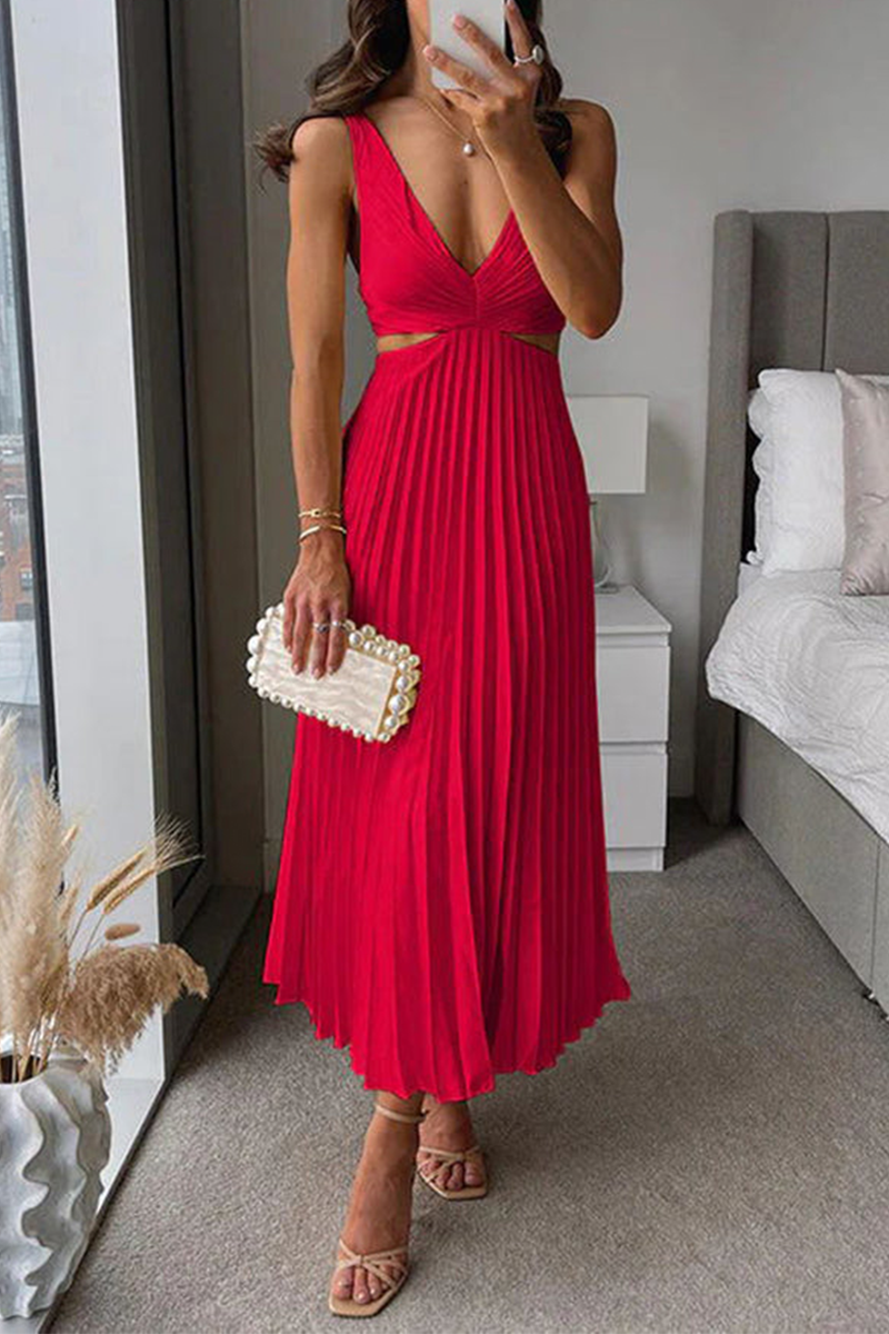 Summer Social Stain Pleated Cutout Waist Loose Midi Dress