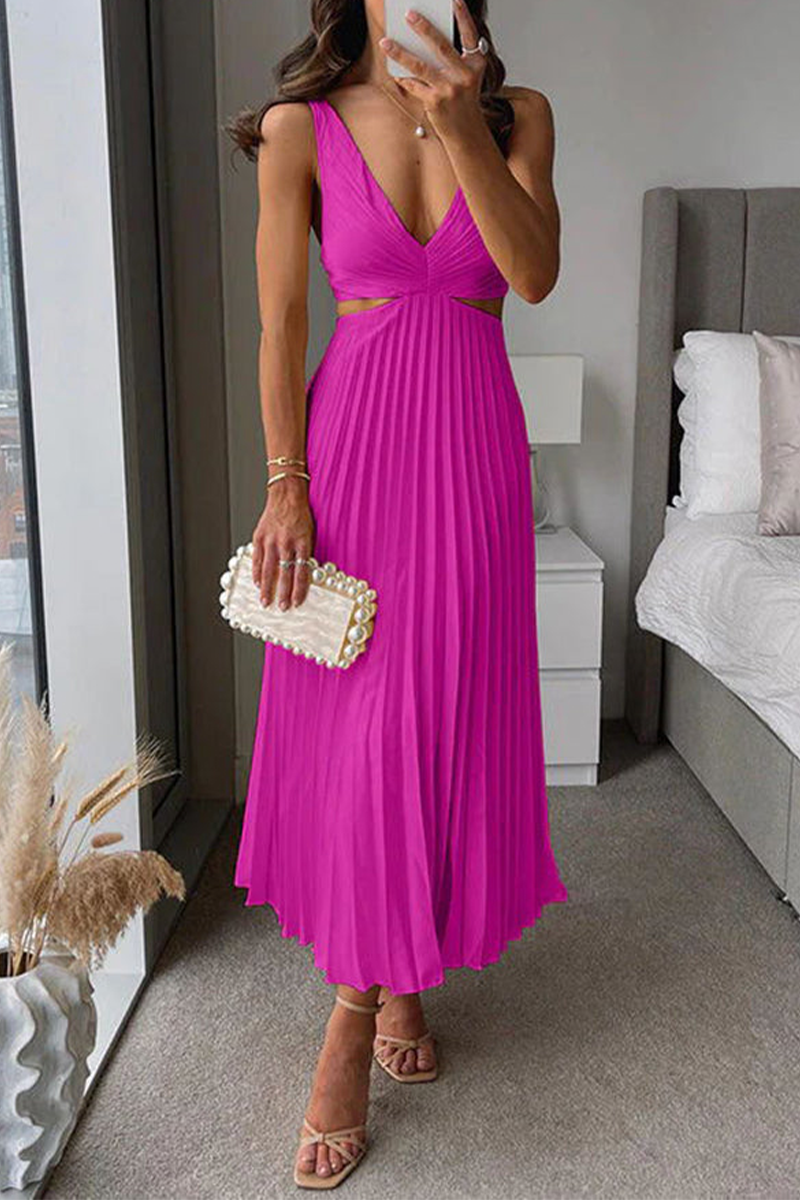 Summer Social Stain Pleated Cutout Waist Loose Midi Dress