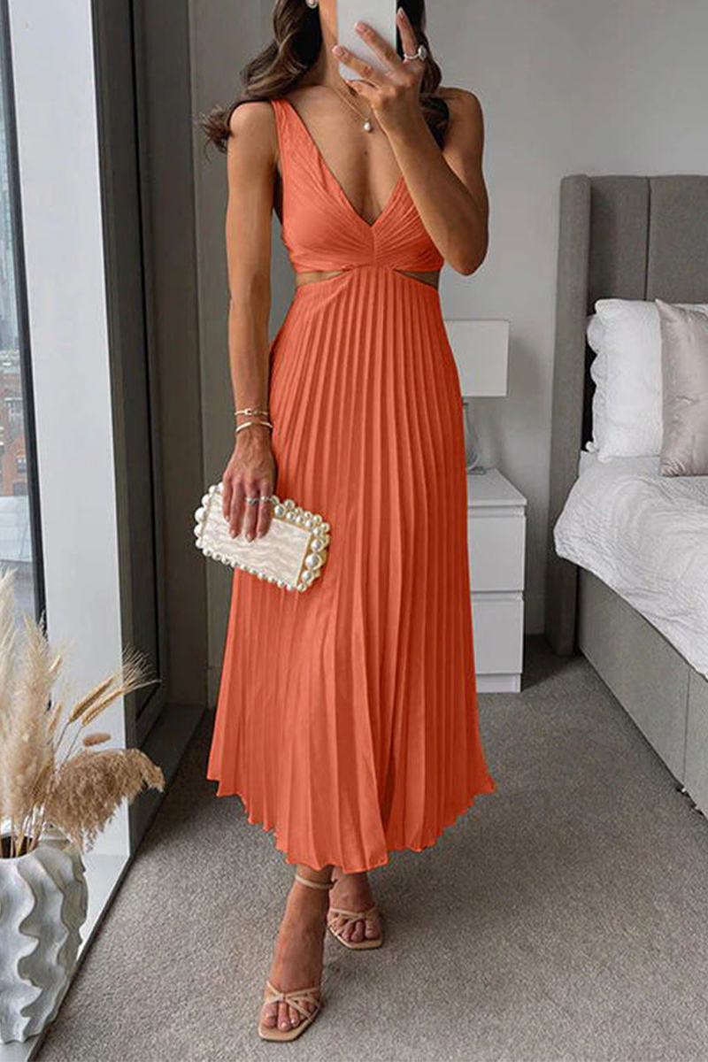 Summer Social Stain Pleated Cutout Waist Loose Midi Dress