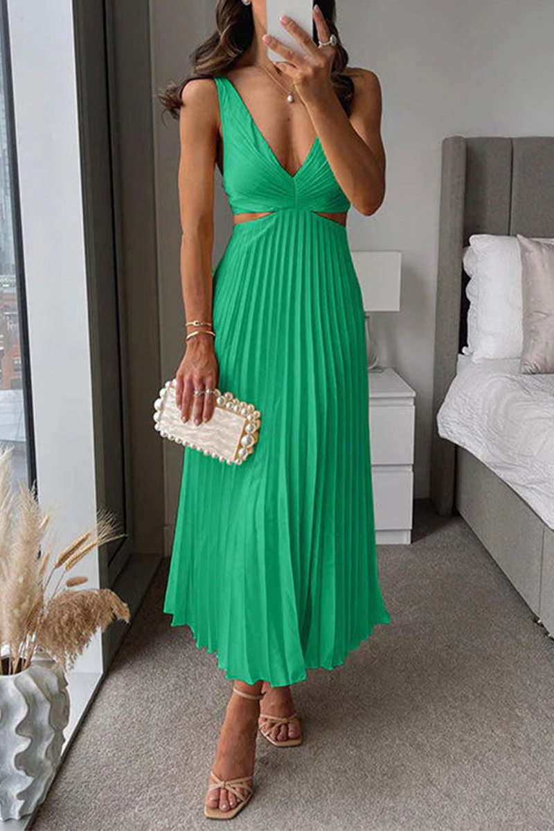 Summer Social Stain Pleated Cutout Waist Loose Midi Dress