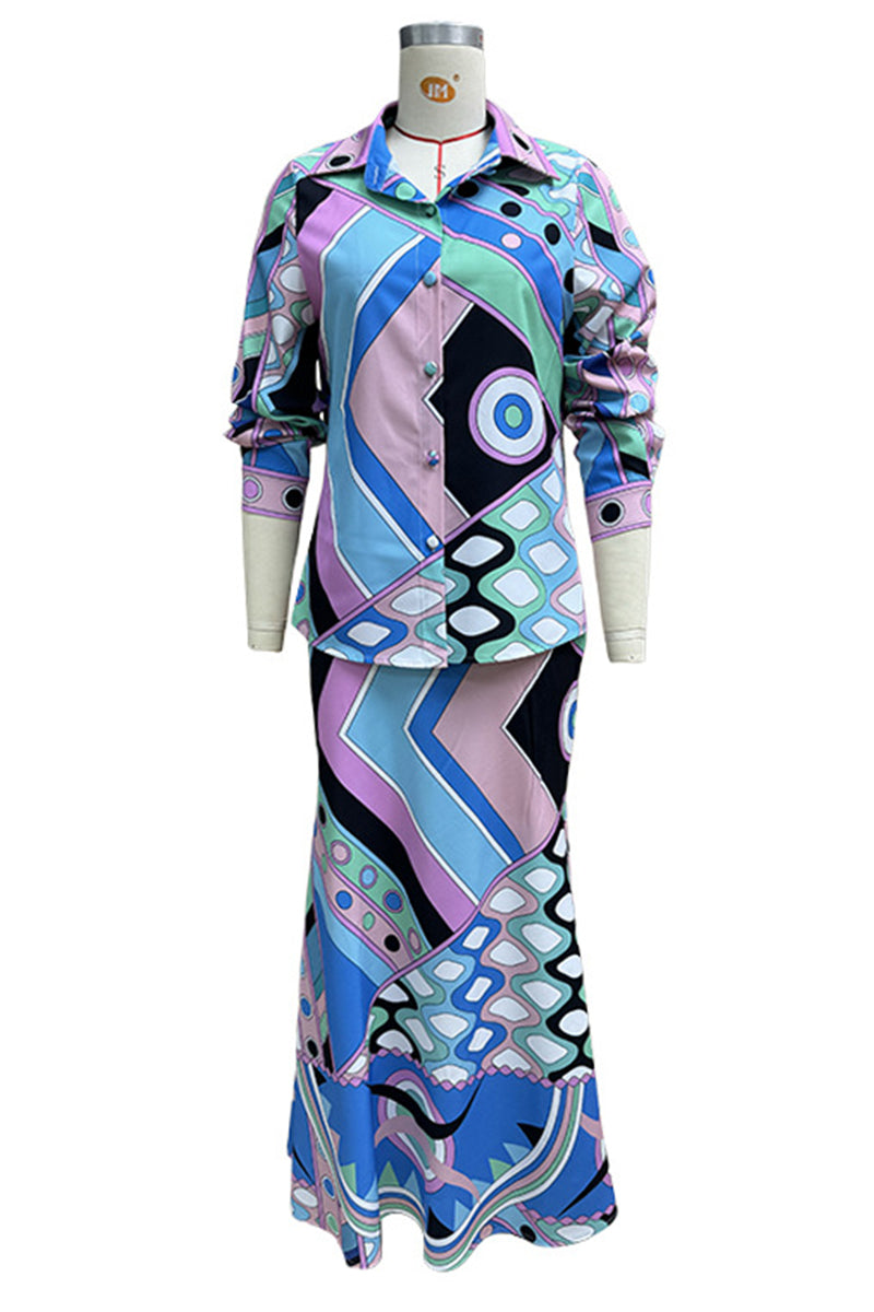 Geometric Print Patchwork Turndown Collar Two Pieces