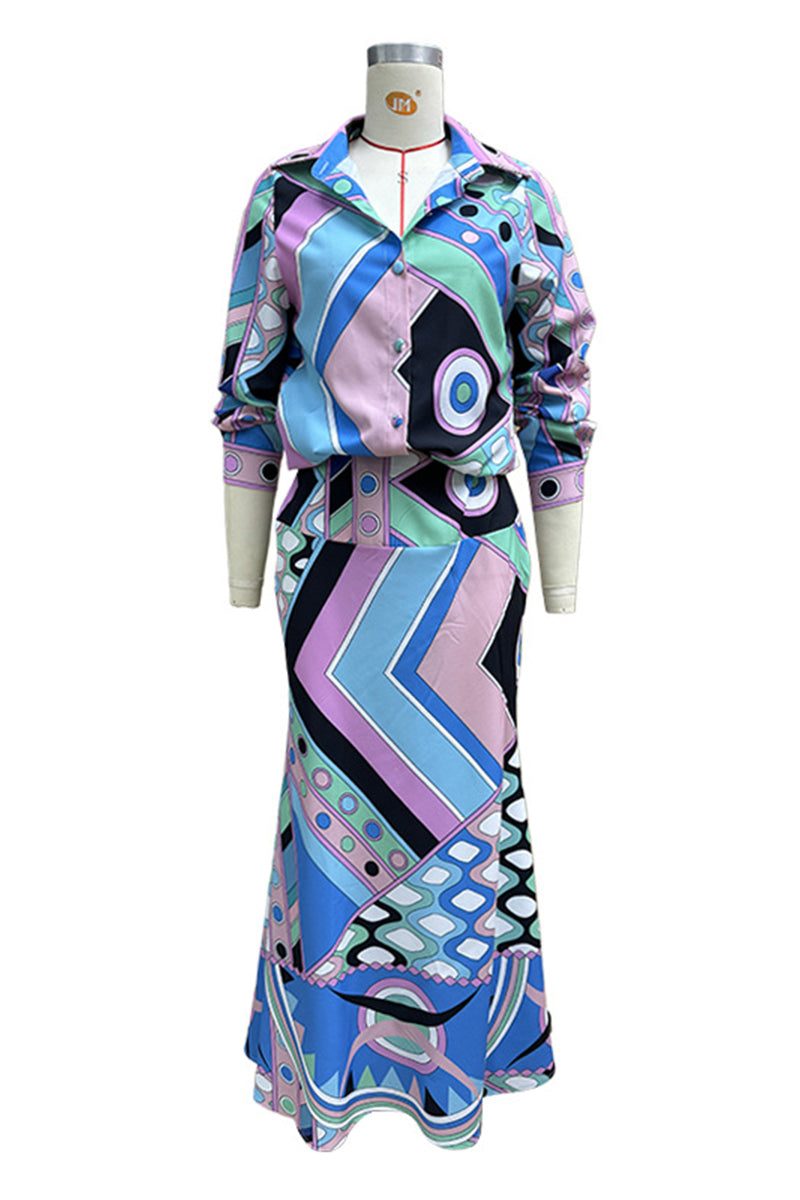 Geometric Print Patchwork Turndown Collar Two Pieces