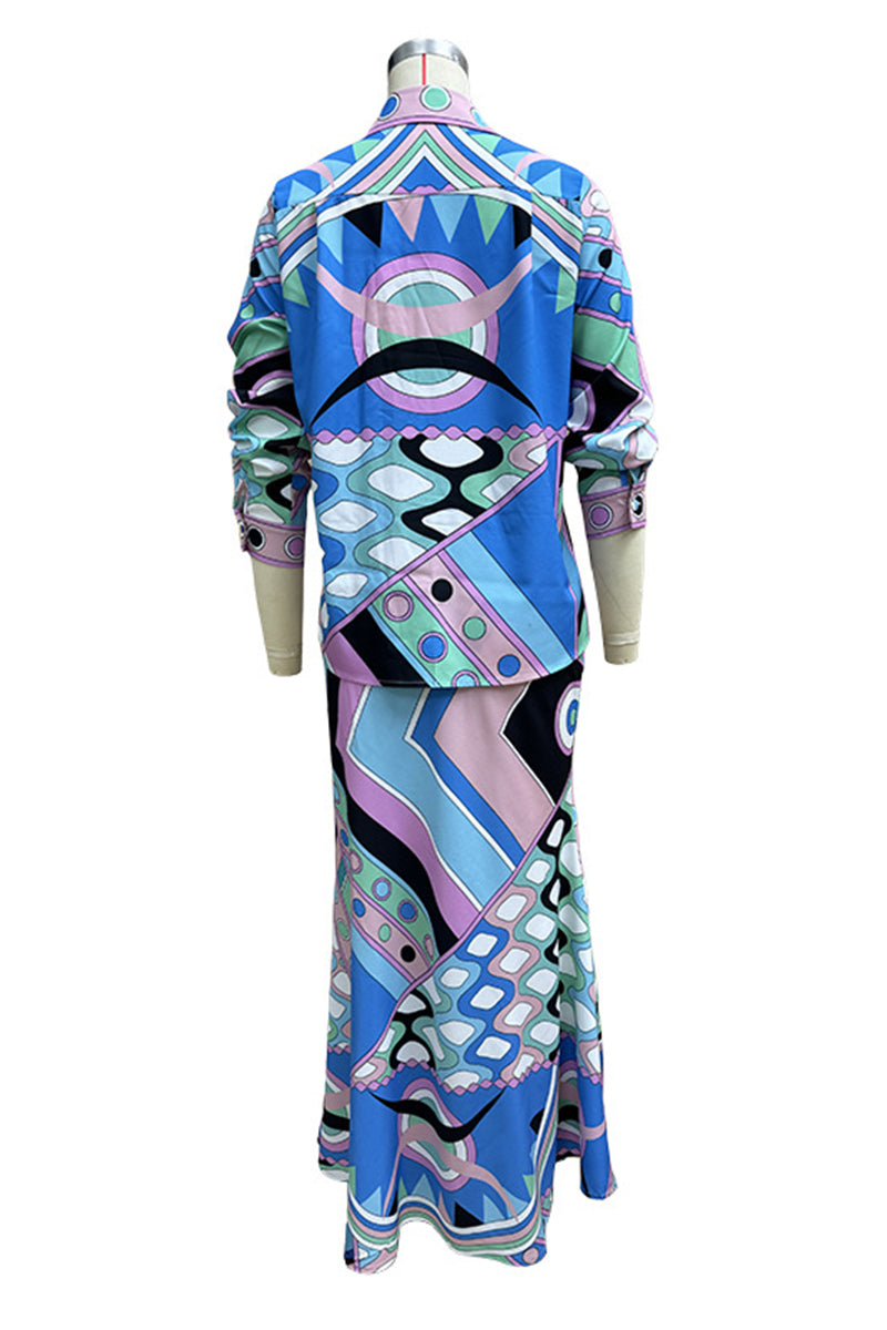 Geometric Print Patchwork Turndown Collar Two Pieces