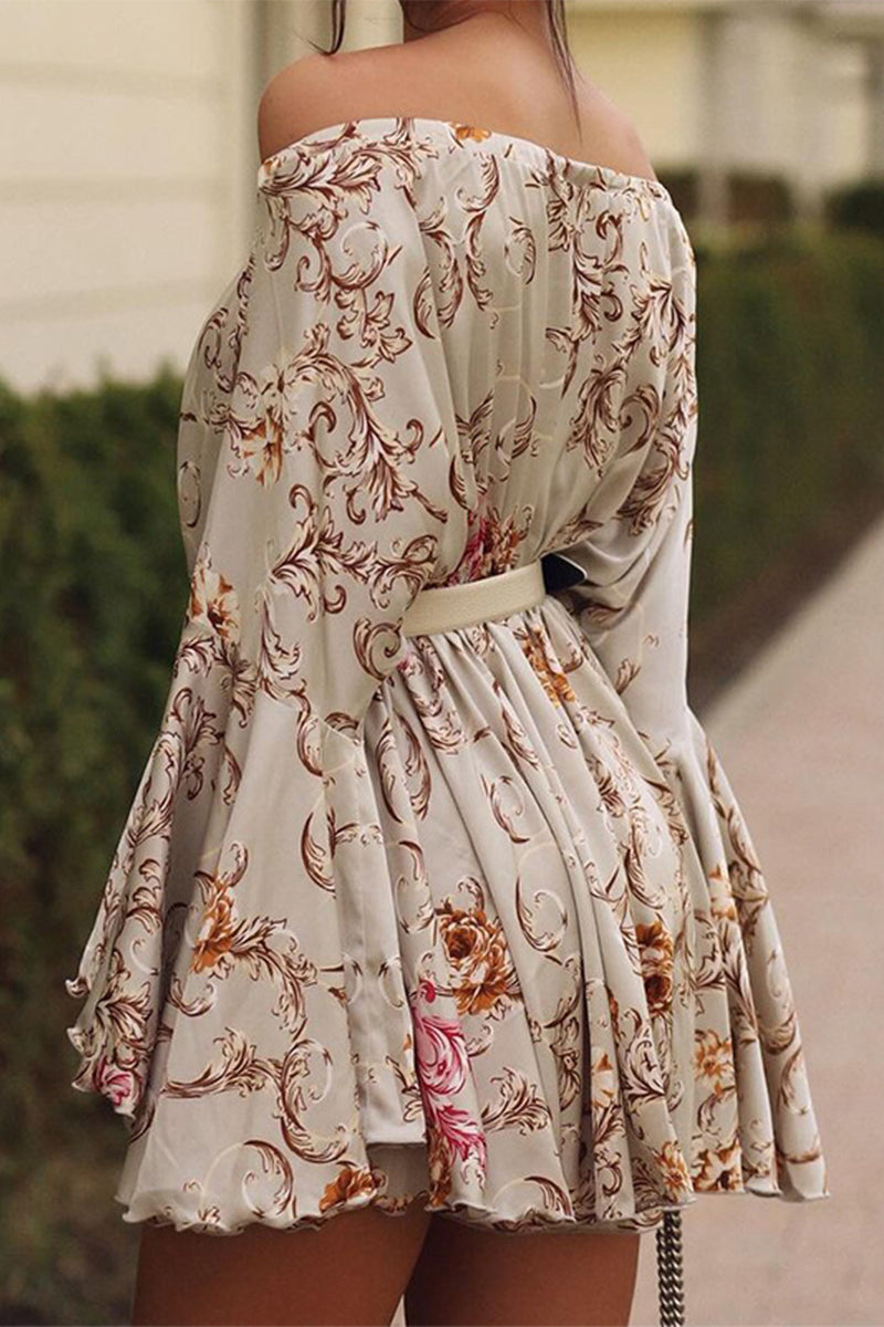 Lace Up Off Shoulder Printed Dresses(No Waist Belt)