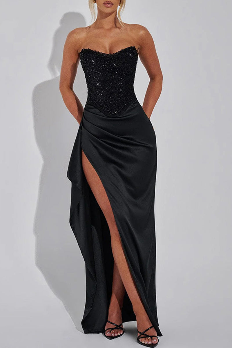 Sequins Slit Ruched Off Shoulder Evening Dresses