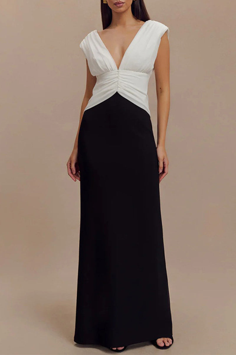 Backless Ruched Contrast V Neck Long Dresses