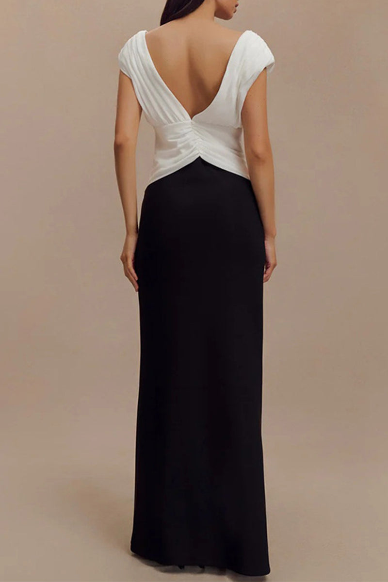 Backless Ruched Contrast V Neck Long Dresses