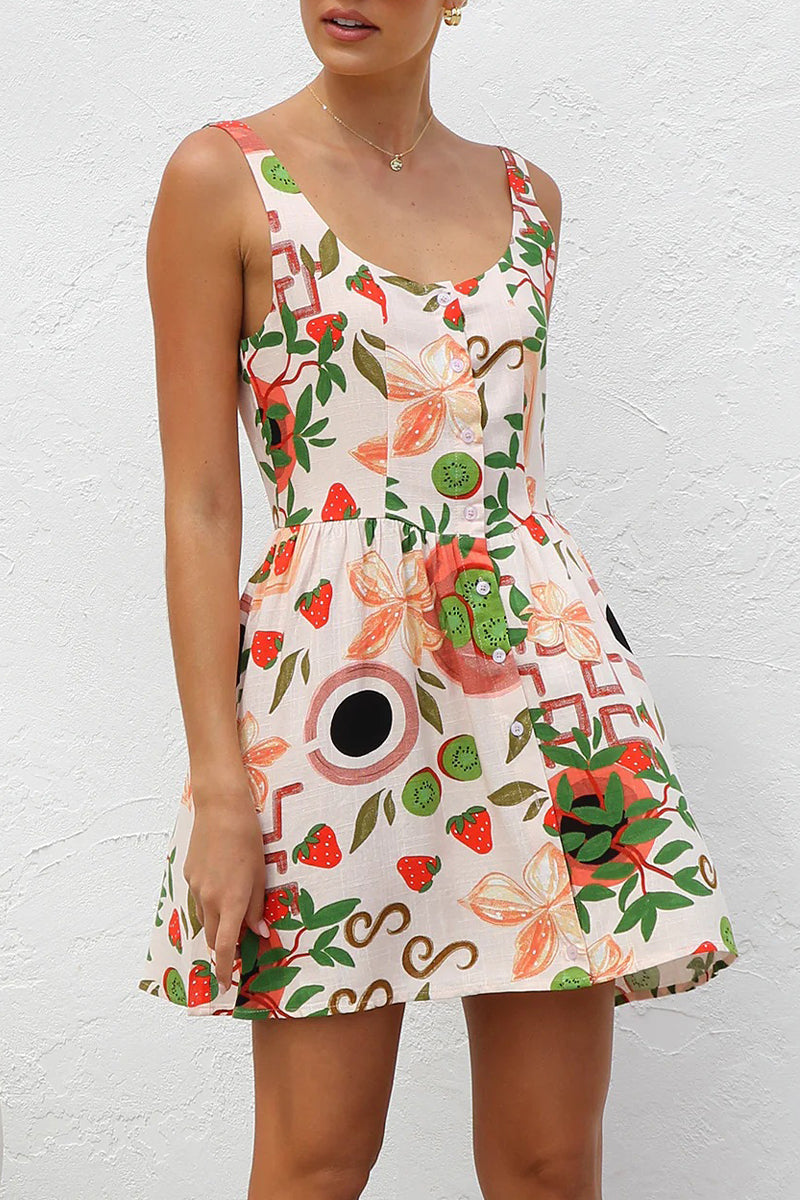 Floral Print Buttons Contrast U Neck Sling Dresses